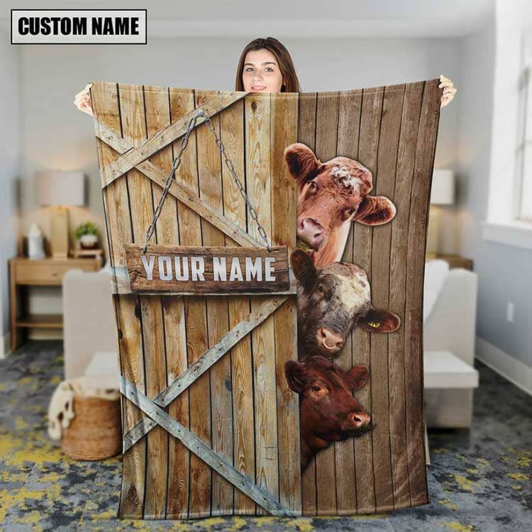 Personalized Shorthorn Cattle In Field Farmhouse Blanket, Farmhouse Fleece and Sherpa Blanket for Husband