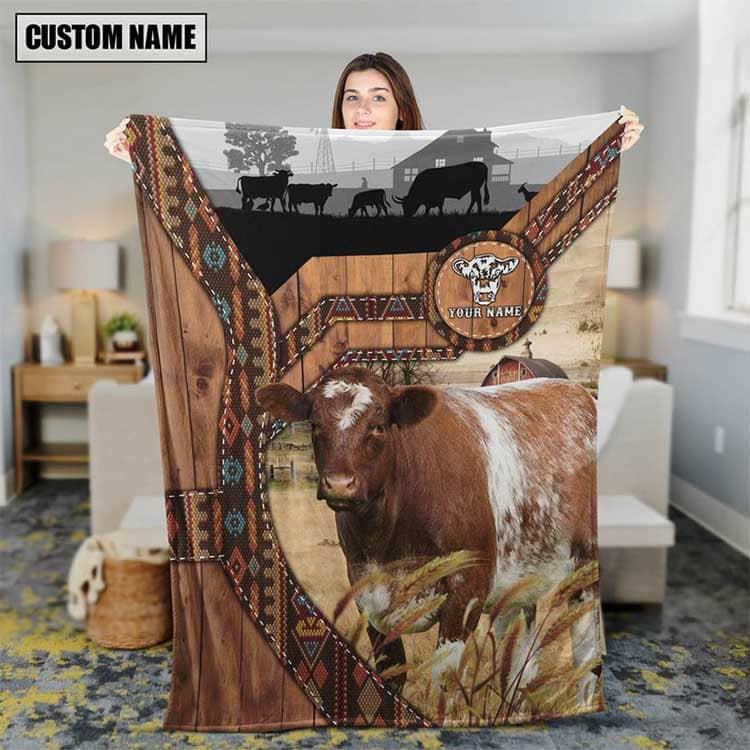 Personalized Shorthorn Cattle In Field Farmhouse Blanket, Farmhouse Fleece and Sherpa Blanket for Husband