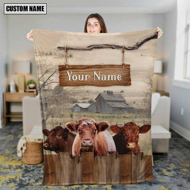 Personalized Shorthorn Cattle In Field Farmhouse Blanket, Farmhouse Fleece and Sherpa Blanket for Husband