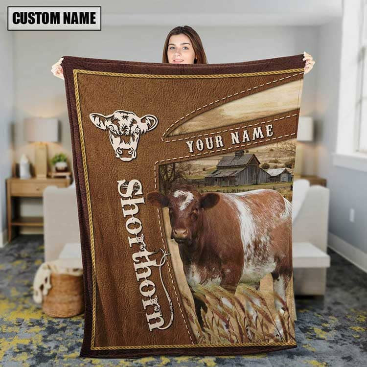 Customized American Flag Shorthorn Cattle Fleece Blanket, Sherpa Blanket for Husband, Farmers