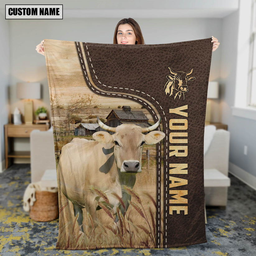 Dilypod Braunvieh Leather Background Farmhouse Fleece and Sherpa Blanket