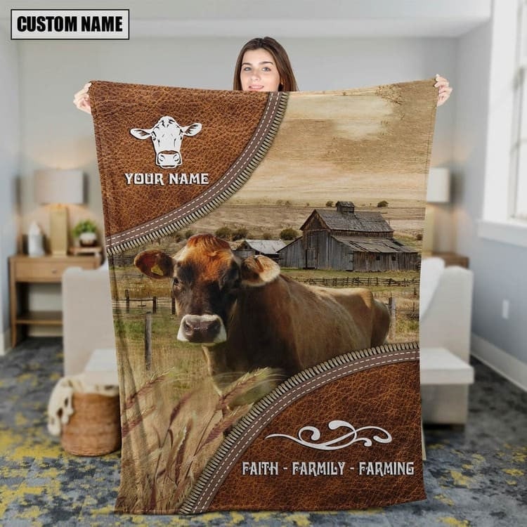 Dilypod Personalized Jersey Cattle In Field Farmhouse Blanket