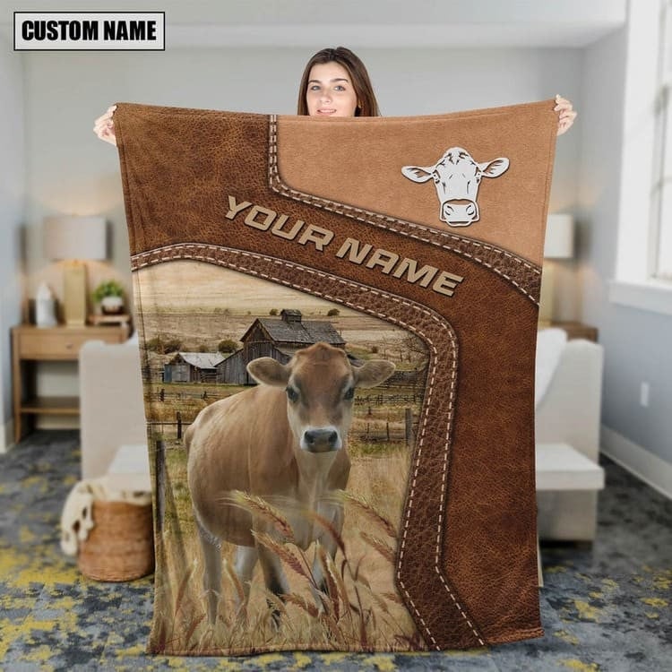 Personalized Jersey Cattle In Field Farmhouse Blanket, Farmhouse Fleece and Sherpa Blanket for Her