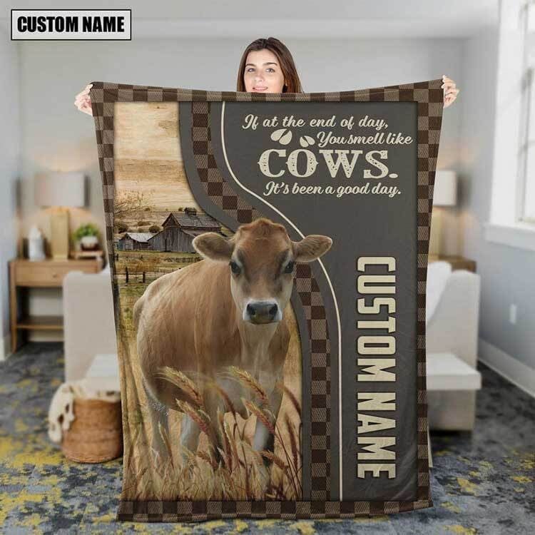 Personalized Jersey Cattle In Field Farmhouse Blanket, Farmhouse Fleece and Sherpa Blanket for Her