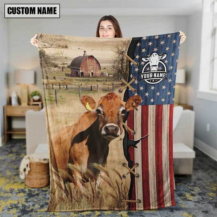 Dilypod Personalized Jersey Cattle In Field Farmhouse Blanket