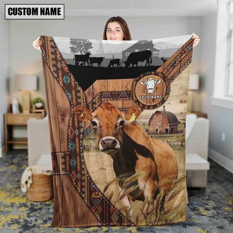 Personalized Jersey Cattle In Field Farmhouse Blanket, Farmhouse Fleece and Sherpa Blanket for Her