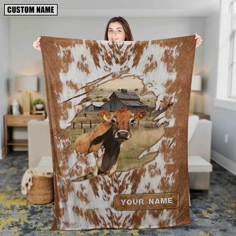 Dilypod Personalized Jersey Cattle In Field Farmhouse Blanket