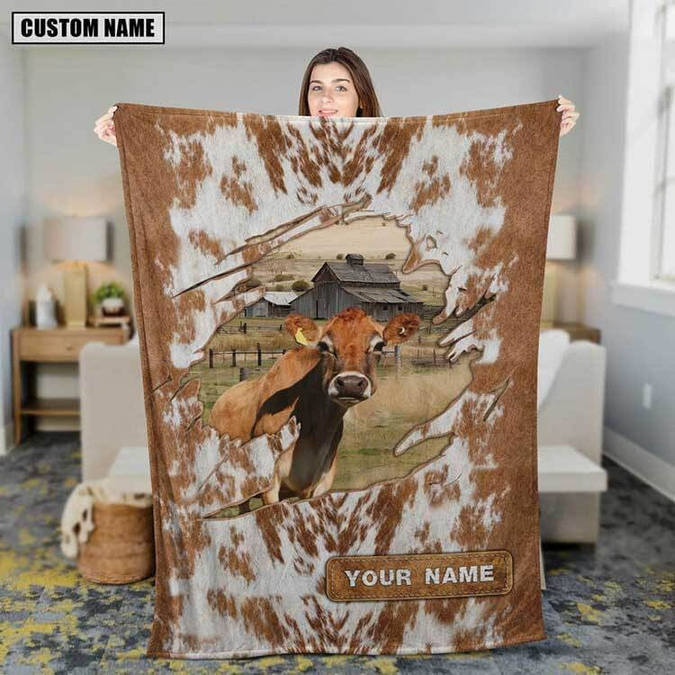 Personalized Jersey Cattle US Flag Vintage Blanket for Jersey Cattleman Fleece and Sherpa Blanket