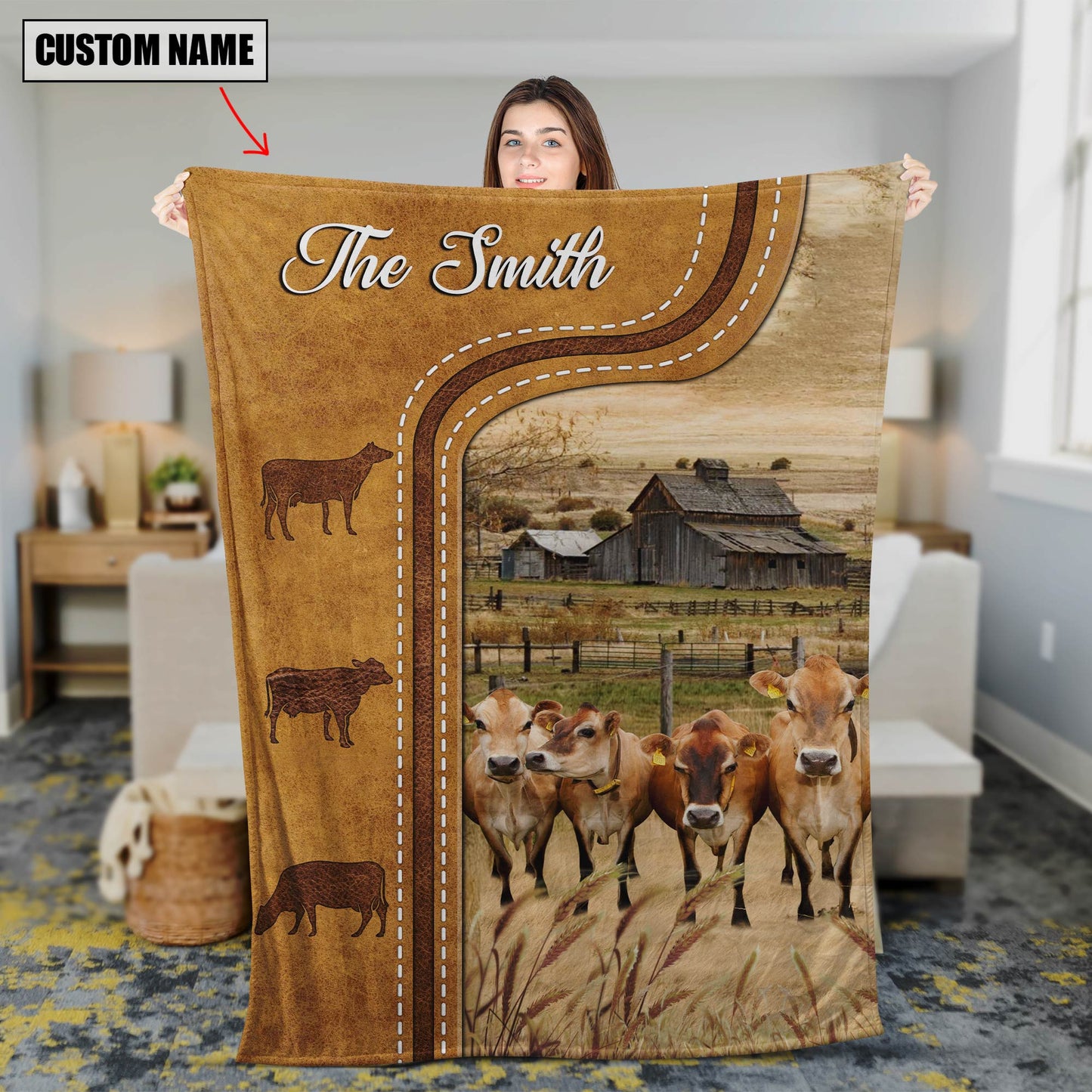 Customized Jersey Cattle Brocade Pattern Blanket for Men, Jersey Fleece, Sherpa Blanket for Him