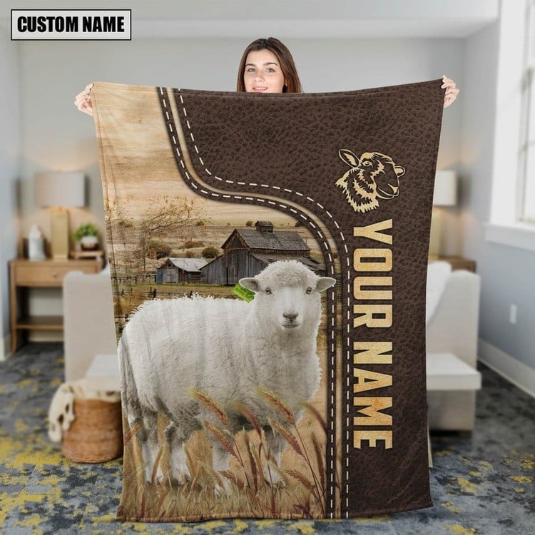 Personalized Sheep Cattle In Field Farmhouse Blanket, Gift for Farmer Sheep Sherpa Blanket for Him