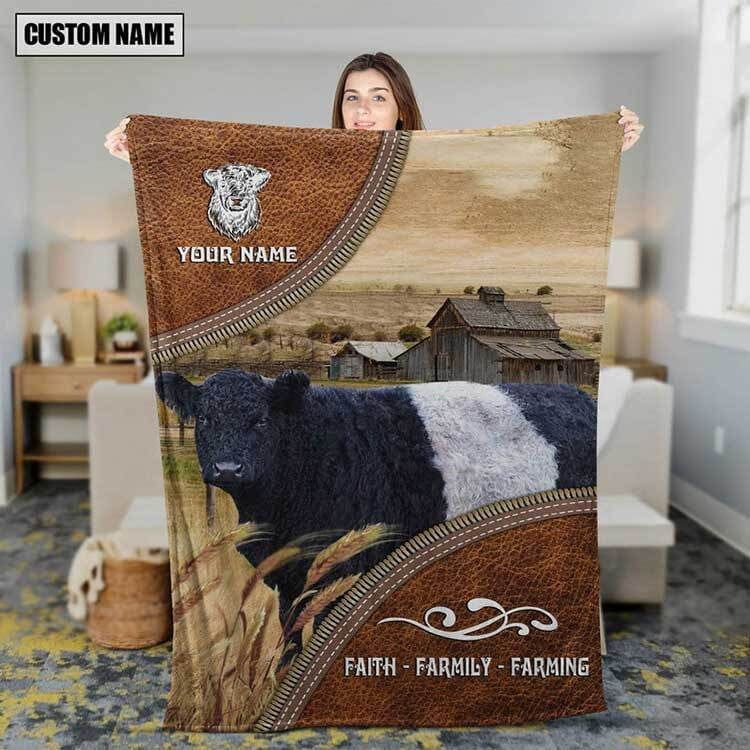 Dilypod Customized Name Belted Galloway Cattle In Field Farmhouse Blanket