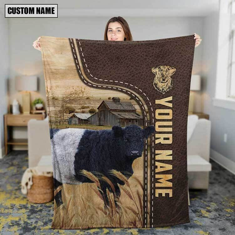 Dilypod Customized Name Belted Galloway Cattle In Field Farmhouse Blanket