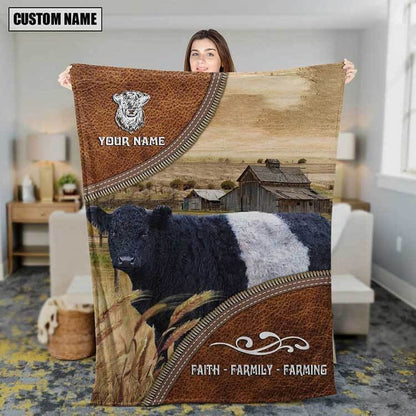 Personalized Belted Galloway Leather Pattern Blanket Farmhouse Fleece Blanket, Sherpa Blanket