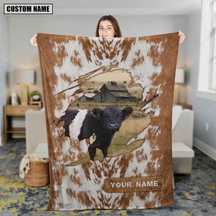 Personalized Belted Galloway Leather Pattern Blanket Farmhouse Fleece Blanket, Sherpa Blanket