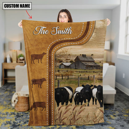 Personalized Belted Galloway Leather Pattern Blanket Farmhouse Fleece Blanket, Sherpa Blanket