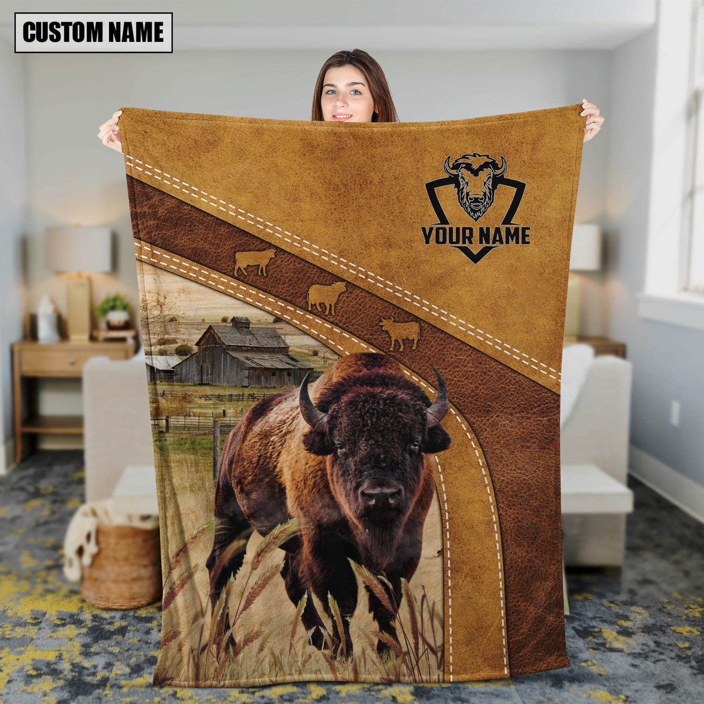 Dilypod Personalized Bison Leather Fleece Blanket, Bison Sherpa Blanket for Farmers, Men, Women