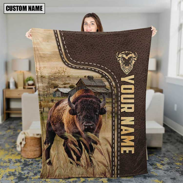 Dilypod Personalized Bison Leather Fleece Blanket, Bison Sherpa Blanket for Farmers, Men, Women