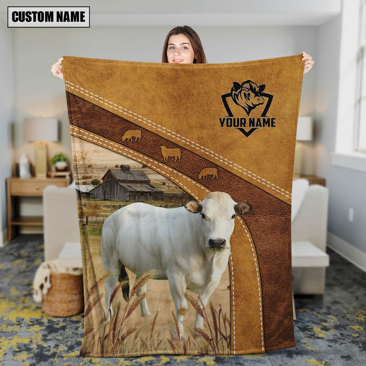 Personalized Piedmontese Farmhouse Fleece and Sherpa Blanket for Farmers, Dad