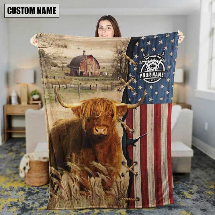 Personalized Highland Cattle In Field Farmhouse Blanket, Gift for Farmer Highland Lovers Fleece Blanket for Him