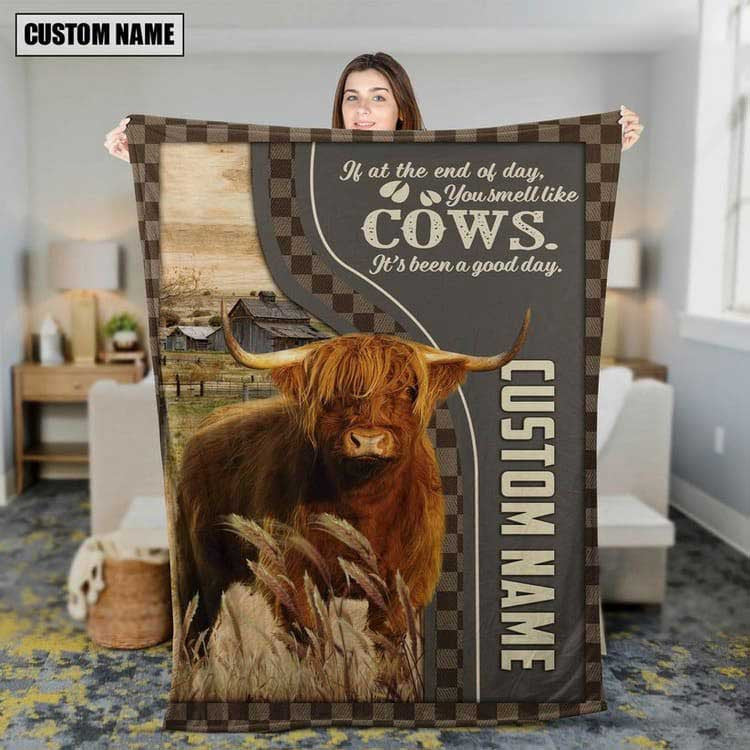 Personalized Highland Cattle In Field Farmhouse Blanket, Gift for Farmer Highland Lovers Fleece Blanket for Him