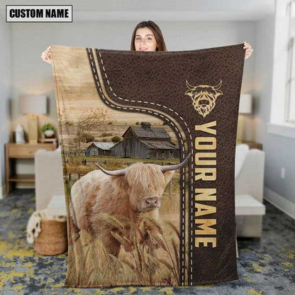 Personalized Highland Cattle In Field Farmhouse Blanket, Gift for Farmer Highland Lovers Fleece Blanket for Him