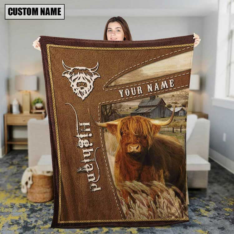 Personalized Highland Cattle In Field Farmhouse Blanket, Gift for Farmer Highland Lovers Fleece Blanket for Him