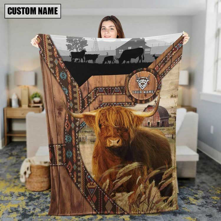 Personalized Highland Cattle In Field Farmhouse Blanket, Gift for Farmer Highland Lovers Fleece Blanket for Him