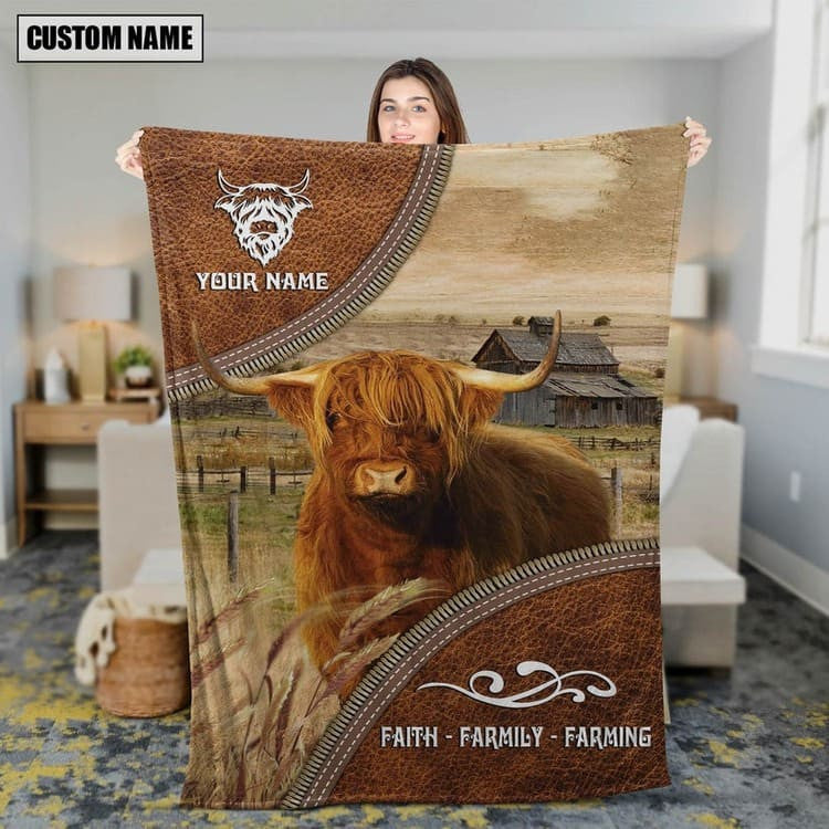 Personalized Highland Cattle In Field Farmhouse Blanket, Gift for Farmer Highland Lovers Fleece Blanket for Him