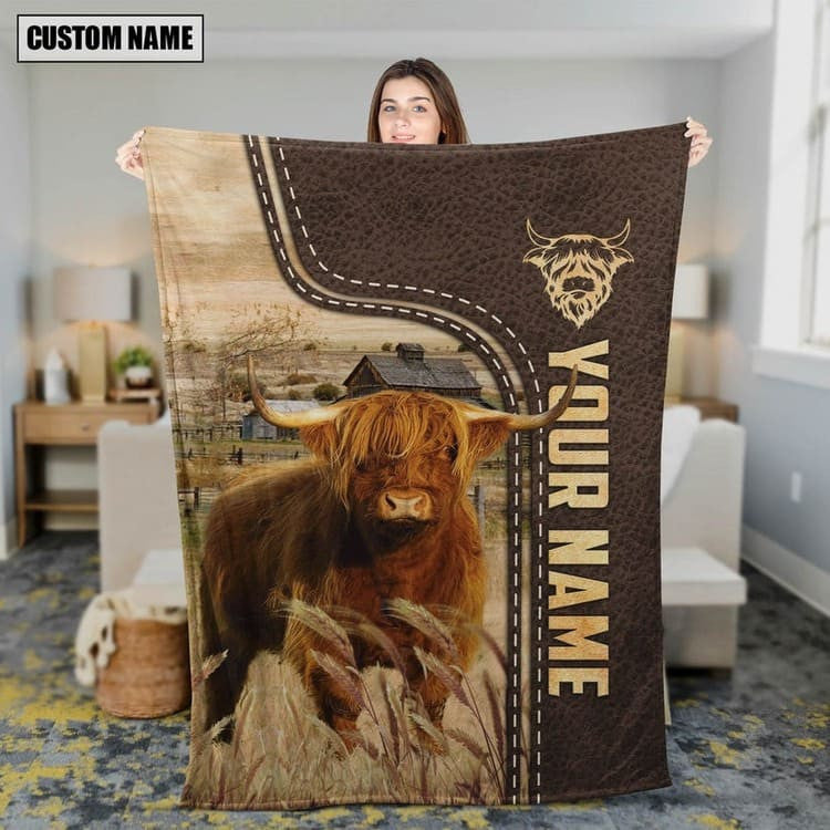 Personalized Highland Cattle In Field Farmhouse Blanket, Gift for Farmer Highland Lovers Fleece Blanket for Him