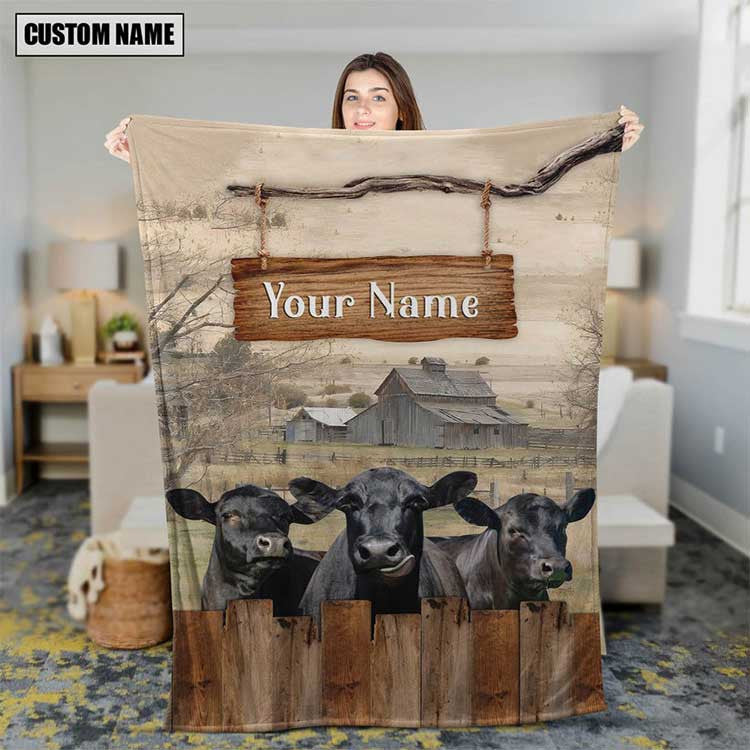 Personalized Black Angus Cattle In Field Farmhouse Blanket, Farmhouse Bedroom Blanket for Him