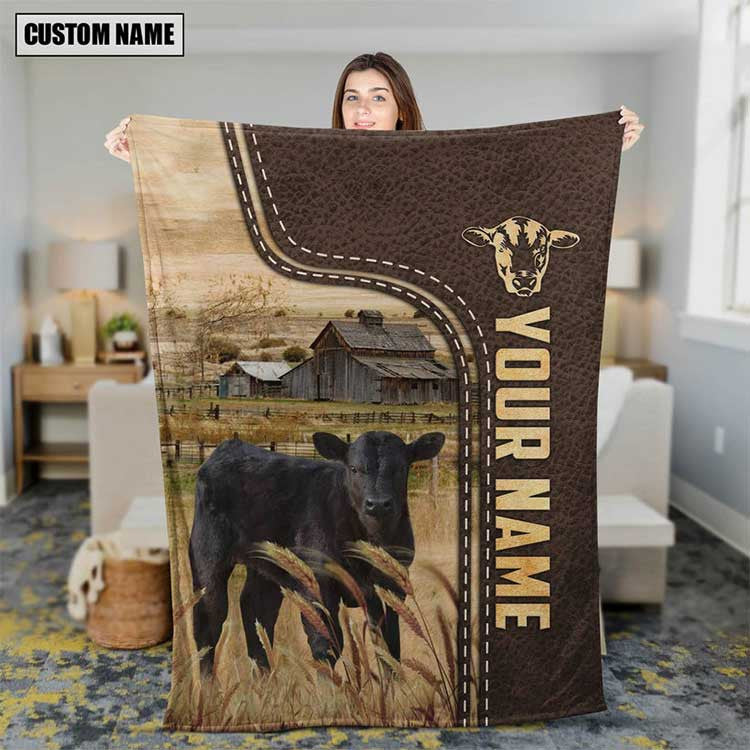 Personalized Black Angus Cattle In Field Farmhouse Blanket, Farmhouse Bedroom Blanket for Him