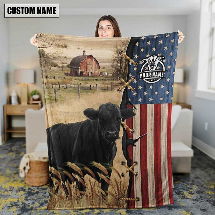 Personalized Black Angus Cattle In Field Farmhouse Blanket, Farmhouse Bedroom Blanket for Him