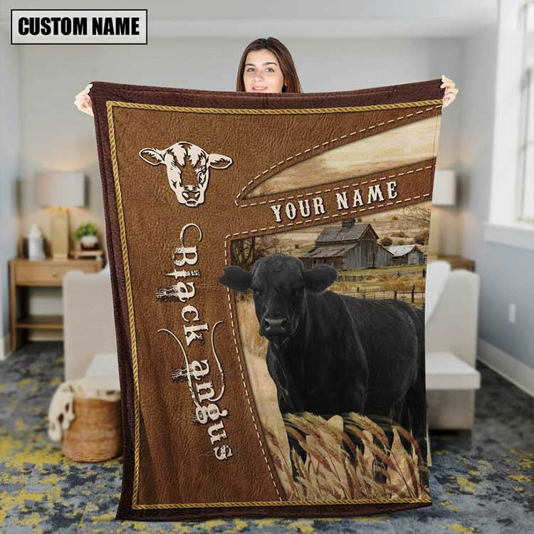 Personalized Black Angus Cattle In Field Farmhouse Blanket, Farmhouse Bedroom Blanket for Him