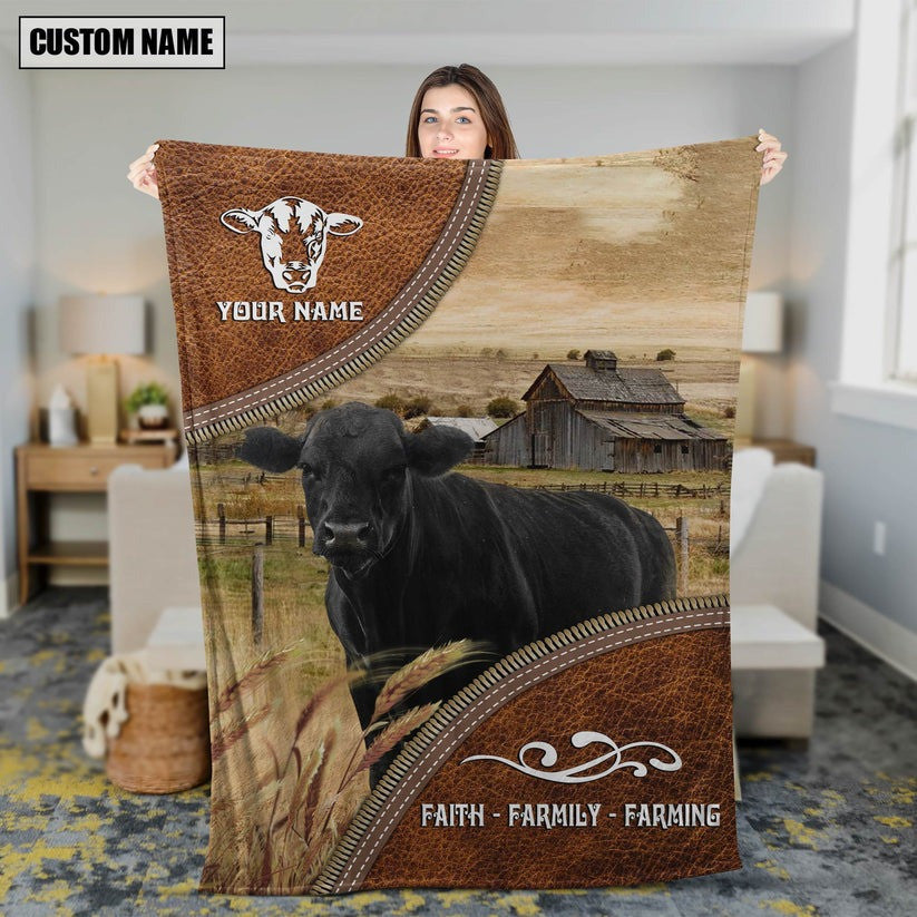 Personalized Black Angus Cattle In Field Farmhouse Blanket, Farmhouse Bedroom Blanket for Him