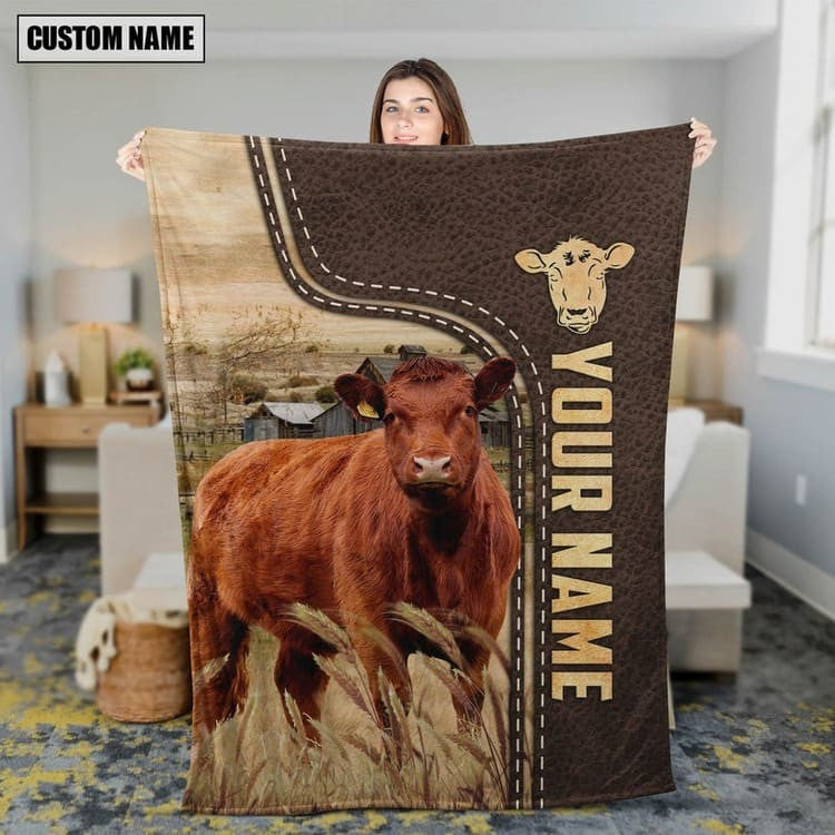 Dilypod Personalized Red Angus Cattle In Field Farmhouse Blanket