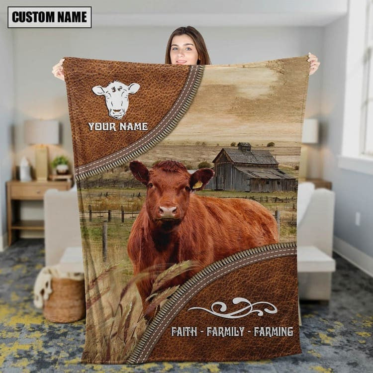 Dilypod Personalized Red Angus Cattle In Field Farmhouse Blanket