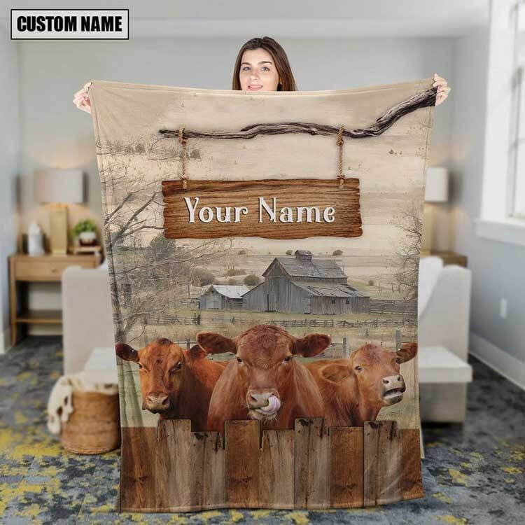 Dilypod Personalized Red Angus Cattle In Field Farmhouse Blanket