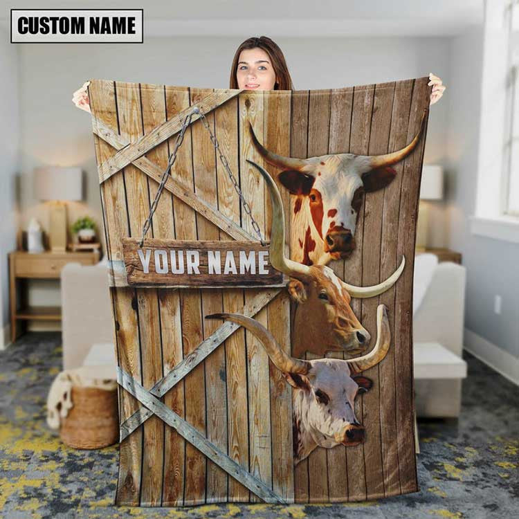 Dilypod Personalized Texas Longhorn Cattle In Field Farmhouse Blanket