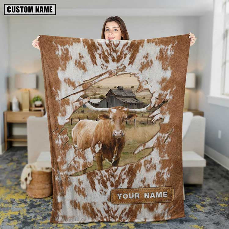 Dilypod Personalized Texas Longhorn Cattle In Field Farmhouse Blanket