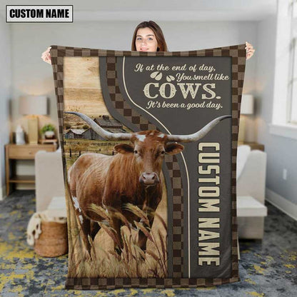 Dilypod Personalized Texas Longhorn Cattle In Field Farmhouse Blanket