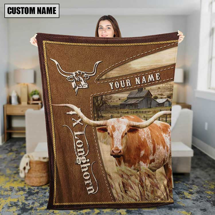 Dilypod Personalized Texas Longhorn Cattle In Field Farmhouse Blanket