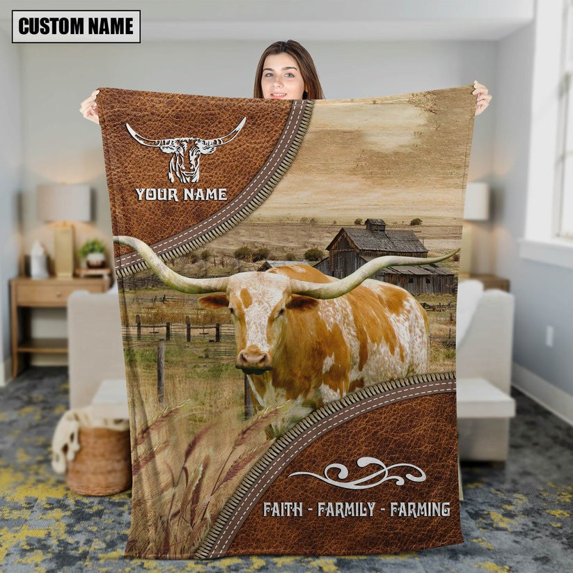 Dilypod Personalized Texas Longhorn Cattle In Field Farmhouse Blanket