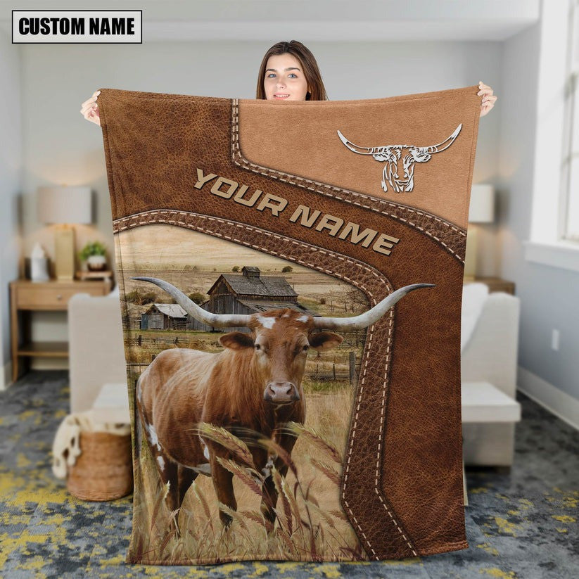 Dilypod Personalized Texas Longhorn Cattle In Field Farmhouse Blanket