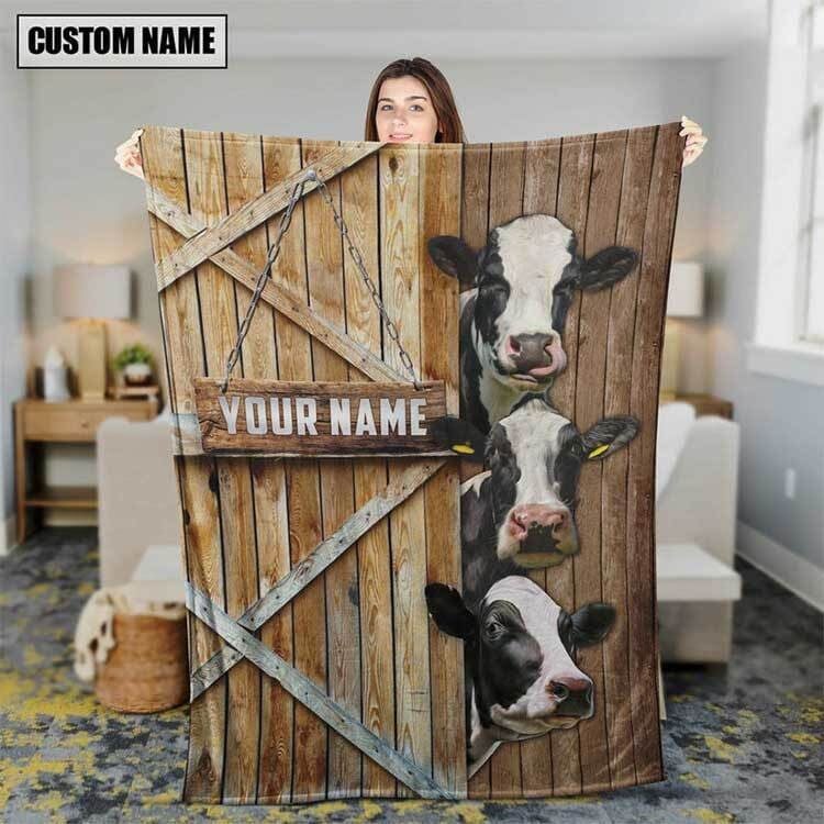 Personalized Holstein Cattle In Field Farmhouse Blanket, Gift for Dad Cow Lovers Fleece and Sherpa Blanket