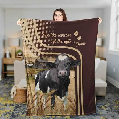 Personalized Holstein Cattle In Field Farmhouse Blanket, Gift for Dad Cow Lovers Fleece and Sherpa Blanket