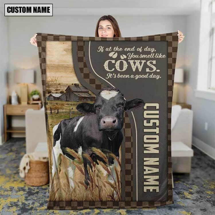 Personalized Holstein Cattle In Field Farmhouse Blanket, Gift for Dad Cow Lovers Fleece and Sherpa Blanket