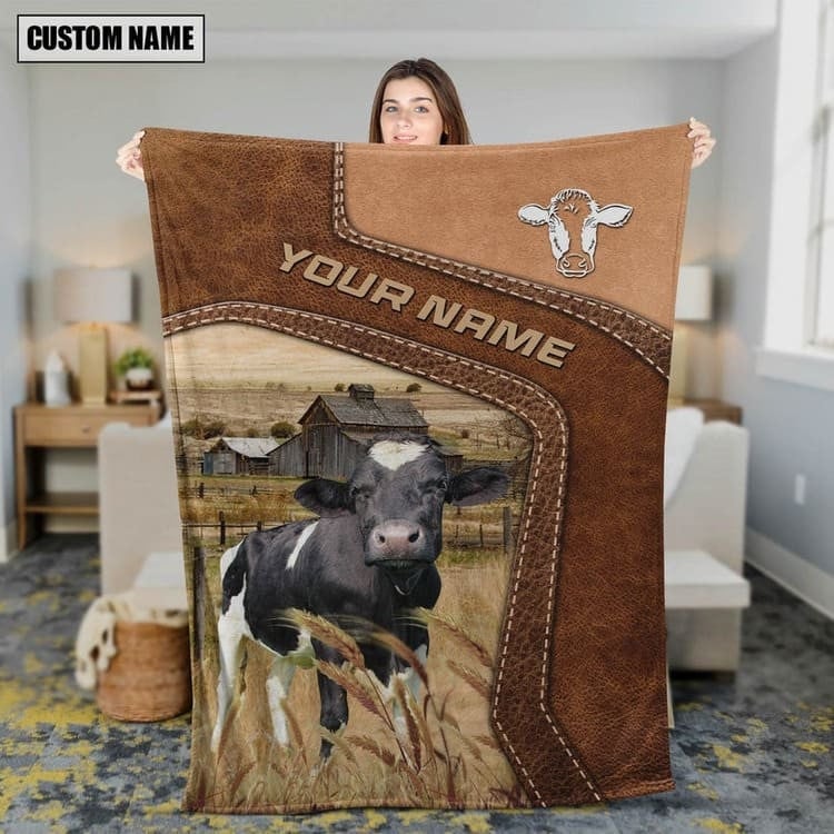 Personalized Holstein Cattle In Field Farmhouse Blanket, Gift for Dad Cow Lovers Fleece and Sherpa Blanket