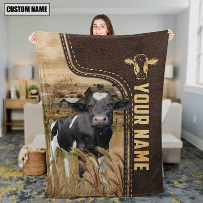 Personalized Holstein Cattle In Field Farmhouse Blanket, Gift for Dad Cow Lovers Fleece and Sherpa Blanket