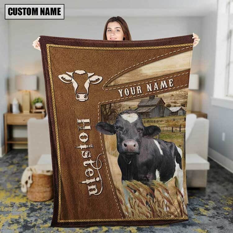 Personalized Holstein Cattle In Field Farmhouse Blanket, Gift for Dad Cow Lovers Fleece and Sherpa Blanket