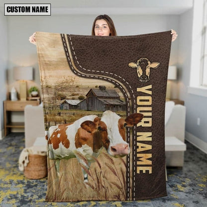 Personalized Holstein Cattle In Field Farmhouse Blanket, Gift for Dad Cow Lovers Fleece and Sherpa Blanket